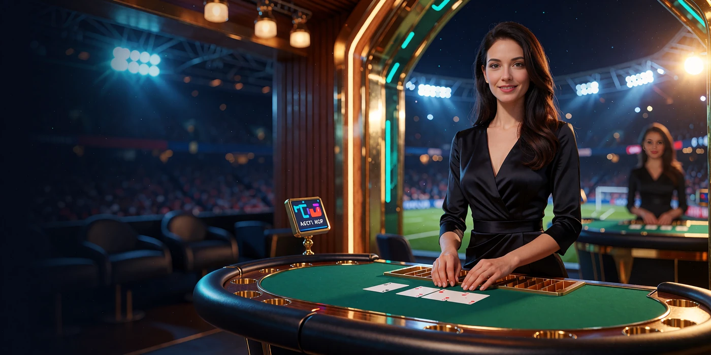 Uśmiechnięta krupierka przy zielonym stole w złoto oświetlonym studiu kasyna na żywo Golisimo Casino