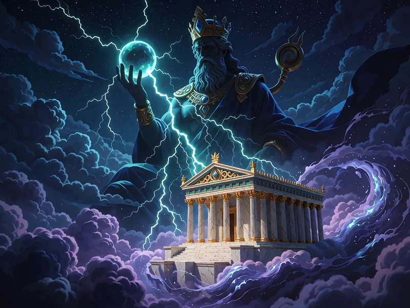 Biała świątynia z kolumnami w burzowych chmurach i sylweta boga z błyskawicą - ilustracja poglądowa slotu Gates of Olympus